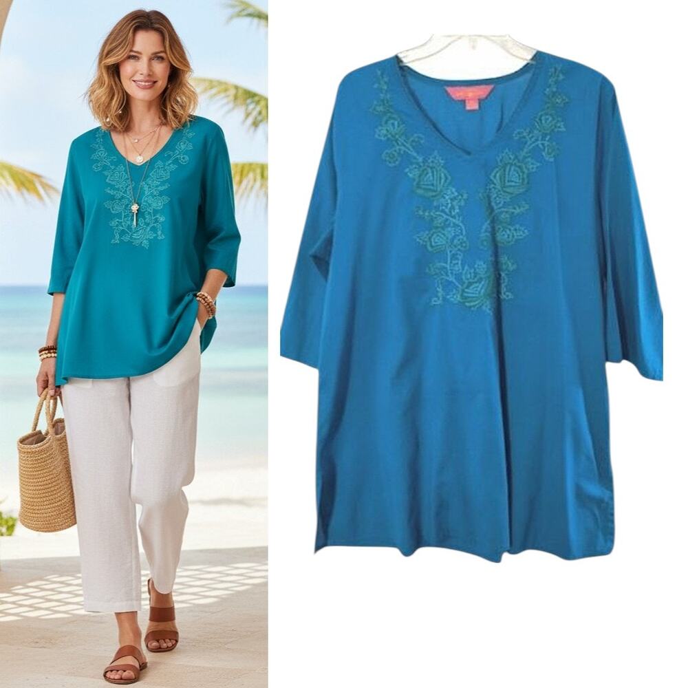 April Cornell Cotton Embroidered Tunic Top XXL Blue Green 3/4 Sleeve Popover